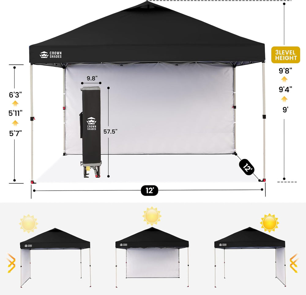CROWN SHADES 12x12 Pop Up Canopy with 1 Side Wall, Beach Canopy Tent, Black