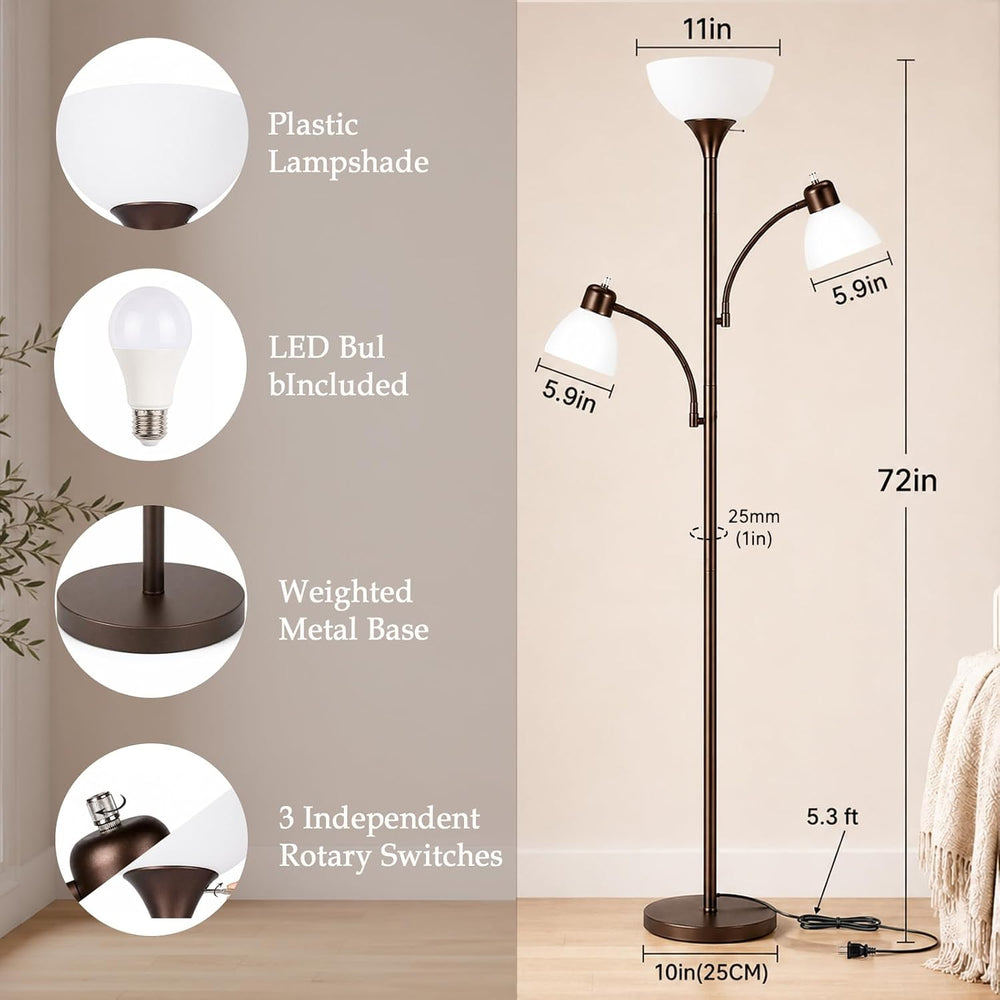 3-Head Torchiere Floor Lamps with 2 Reading Lamp for Living Room-Brown