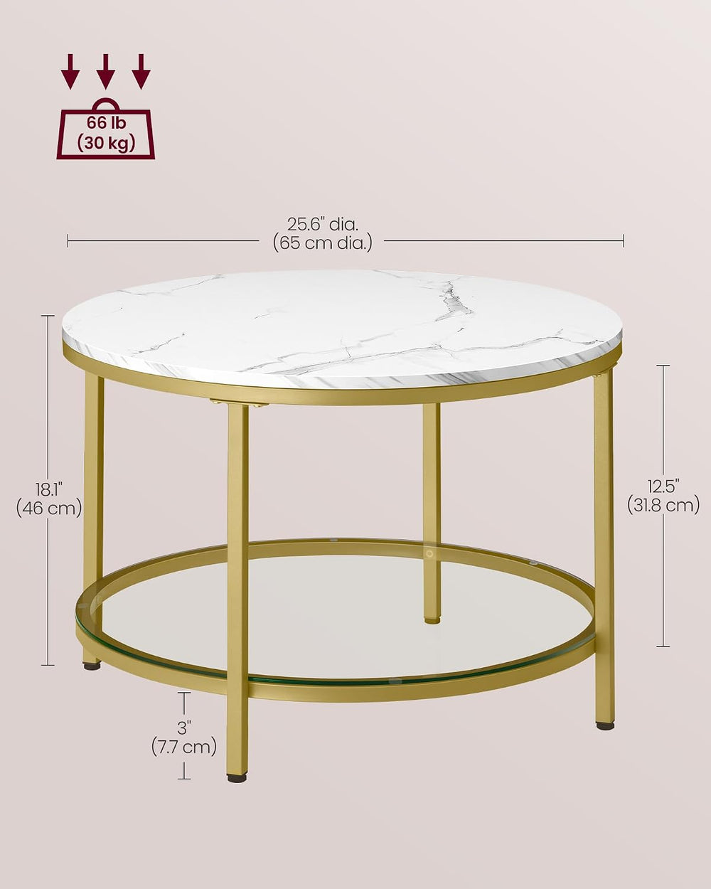 VASAGLE Round Coffee Table, 2-Tier, Faux Marble Top, Glass Storage Shelf