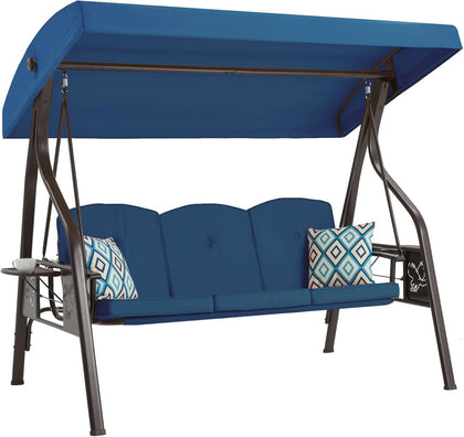 ZZW 3-Seat Outdoor Porch Swing with Stand, Patio Swing with Canopy, 2 in 1 Porch Swing Bed & Patio Swing Chair for Adult, Yard Swing w/Extra Pillows and Cup Holder (Blue)