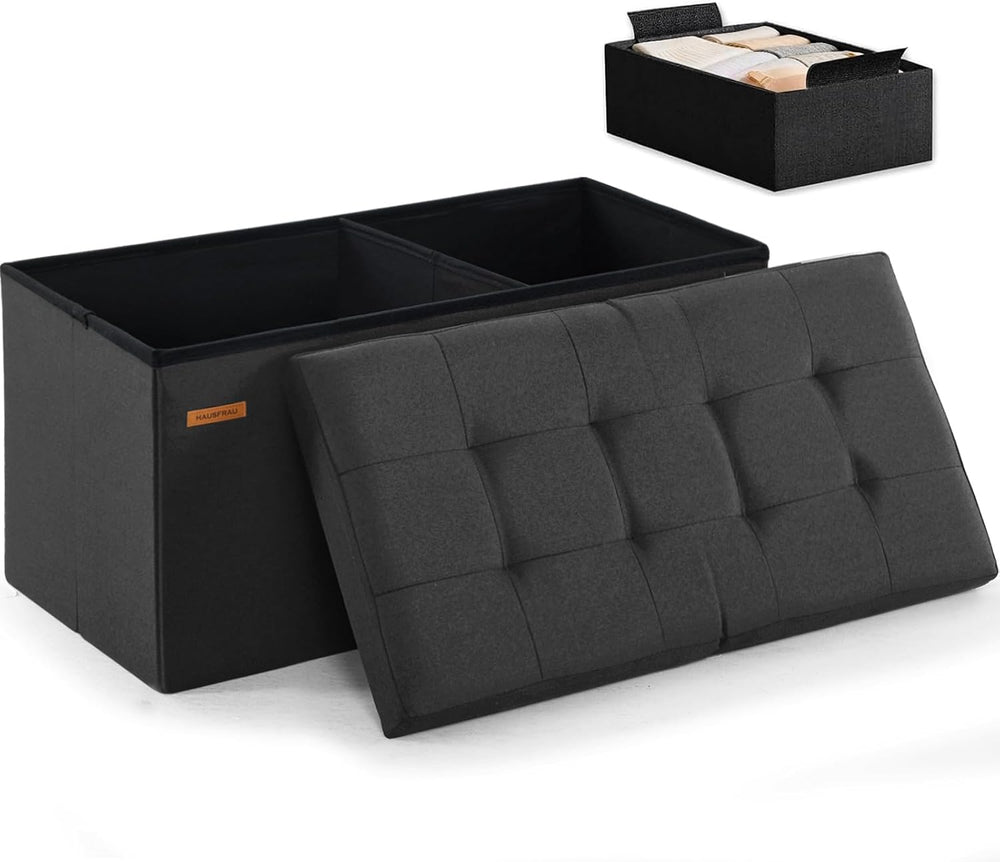 HAUSFRAU Ottoman with Storage Bench Folding Foot Rest Stool Linen Gray