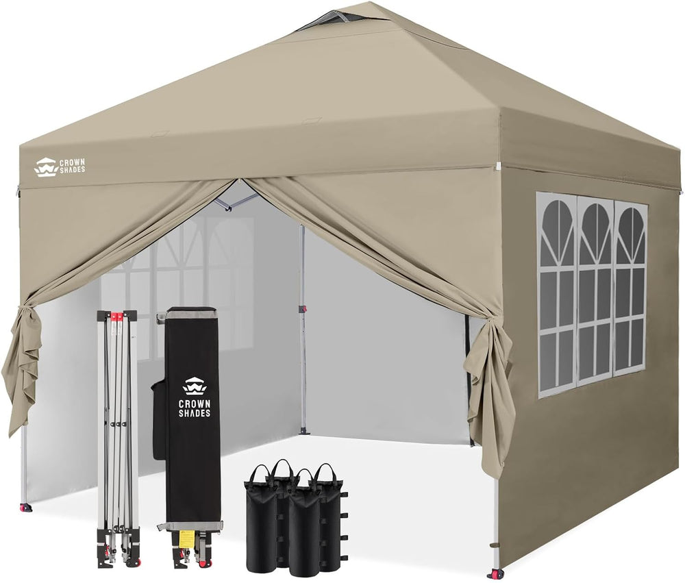 CROWN SHADES 10X10 Pop Up Canopy Tent with Sidewalls, One-Push Setup, Khaki
