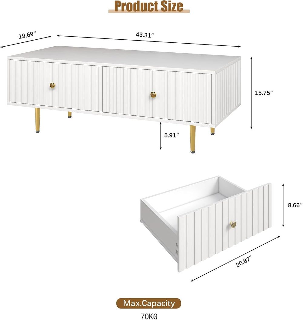 HedoAjim Modern Coffee Table with Storage with 2 Big Drawers, White Rectangle...