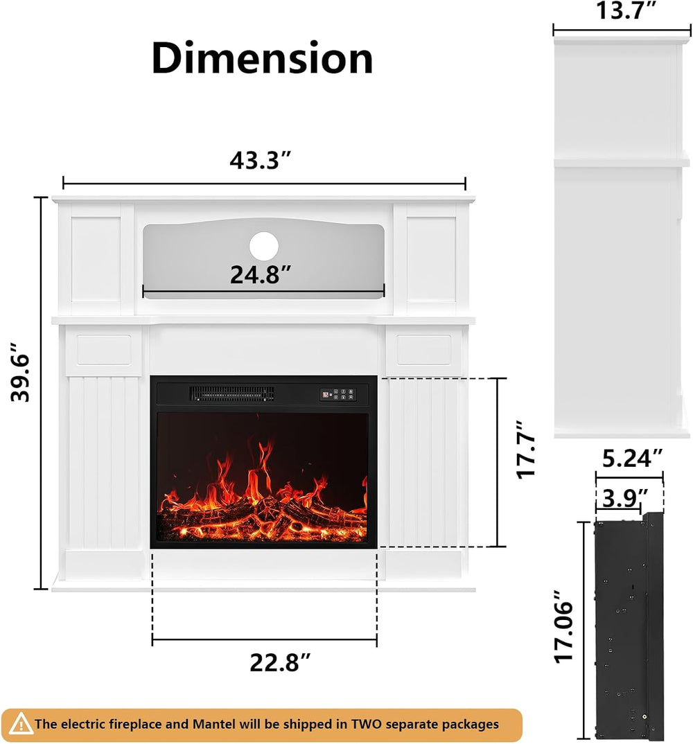 43 inch Electric Fireplace with Mantel, LED Lights Strip, White