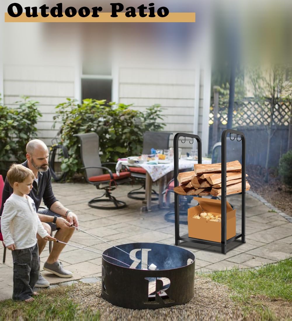 2-Tier Fireplace Firewood Rack Holder for Indoor Outdoor, Small Fire Wood Hol...