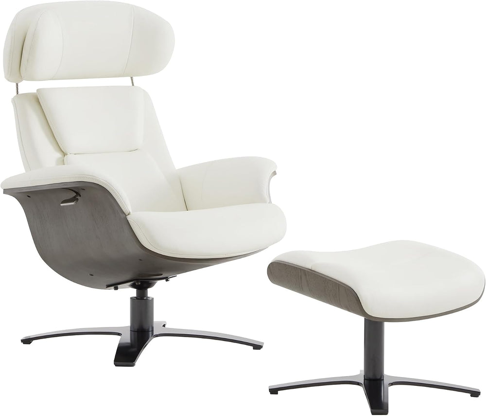 CHITA Genuine Leather Reclining Swivel Accent Chair with Ottoman, White