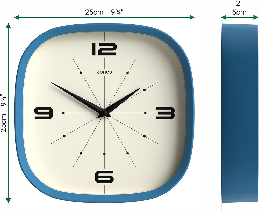 JONES CLOCKS® Pulsar wall Clock | Square Rounded Retro Clock | 10" | Blu...