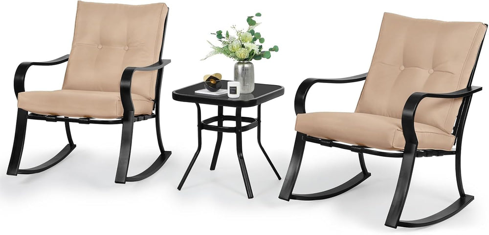 SOLAURA 3-Piece Outdoor Rocking Chairs Bistro Set, Black Iron Patio Furniture...