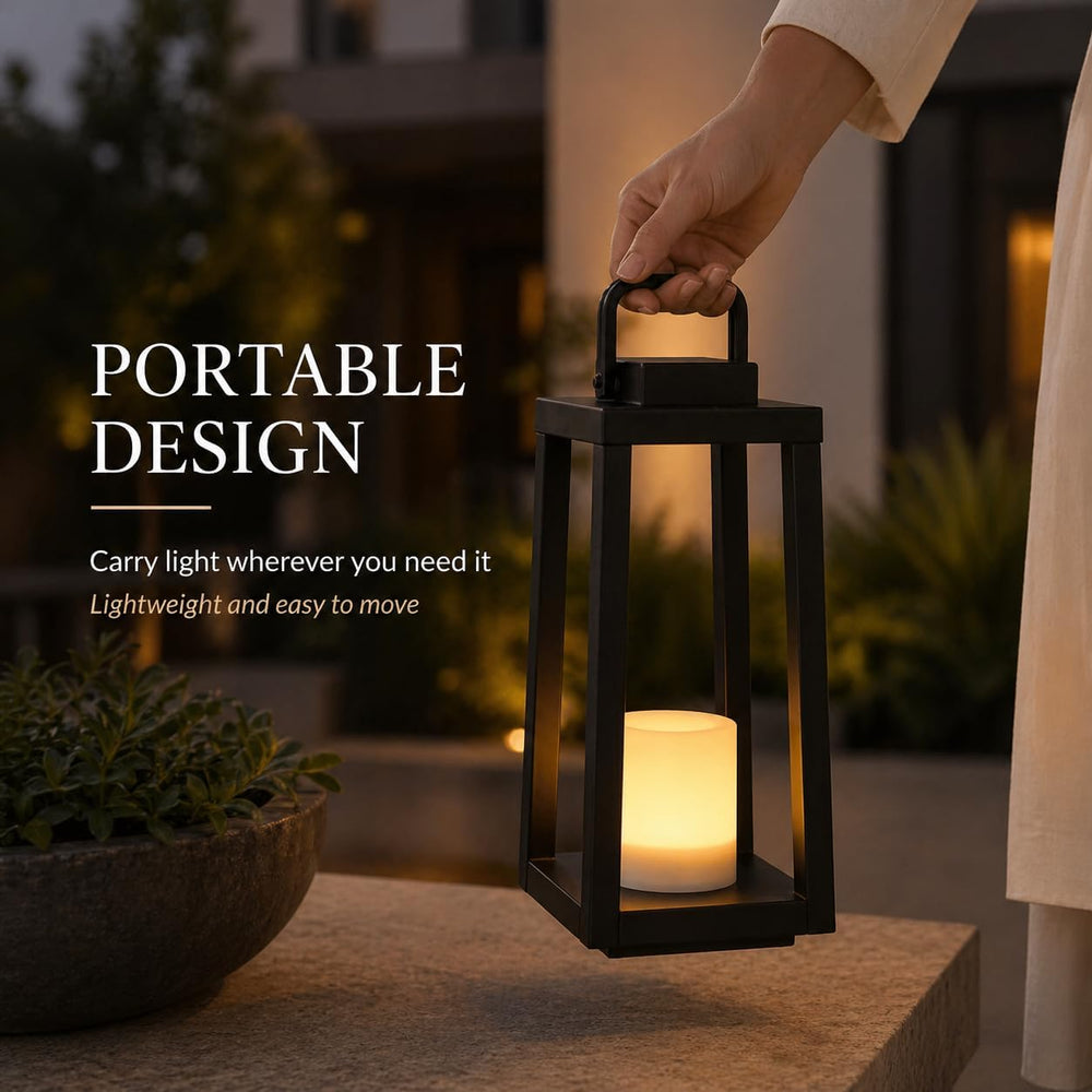 H16 Modern Outdoor Solar Lantern Black Metal Frame with Flickering LED Candle...
