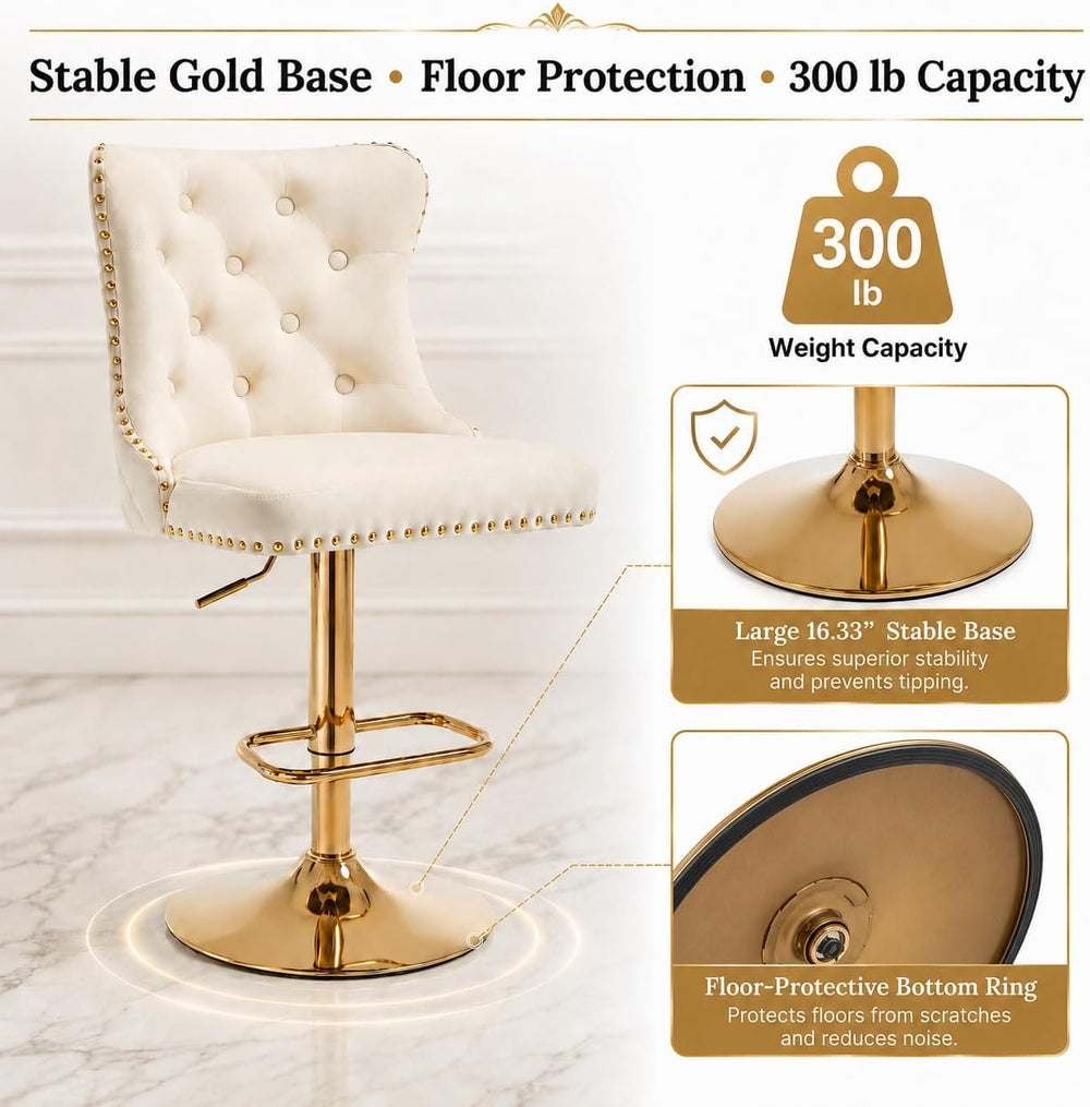 Gold Swivel Bar Stool, Cream Seat, Adjustable Counter Height