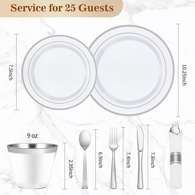 BESTVIP 175PCS Silver Plastic Dinnerware Set, Disposable Party Plates for 25 ...
