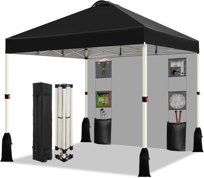 WEIZE 10x10 Pop Up Canopy Tent, 1-Button Push Setup Canopy Tent with 1 Sidewall, Adjustable Height Instant Portable Shelter,Portable Roller Bag, Easy Outdoor Sun Shade for Events,4 Weight Bags,Black