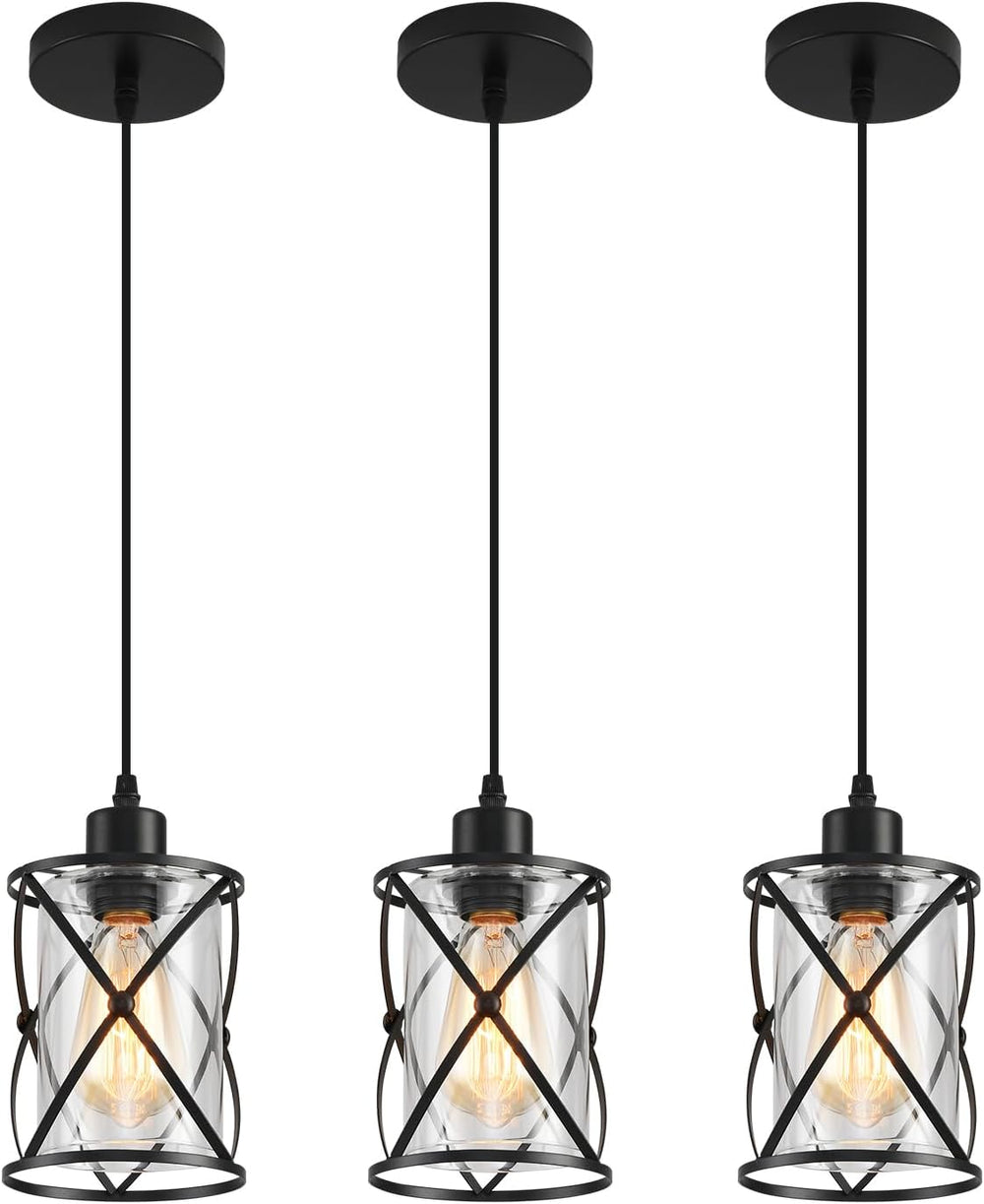 3 Lights Industrial Pendant Light with Glass Shade Matte Black Pendant Lighti...