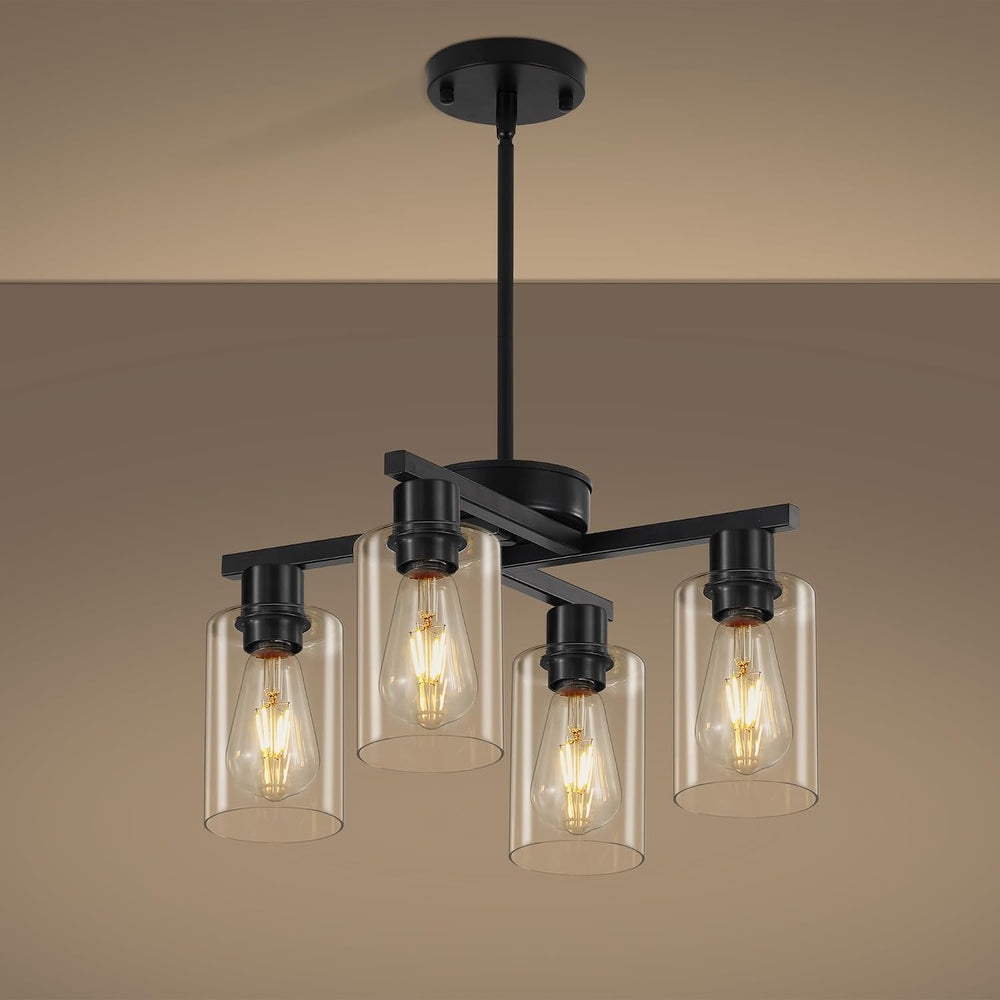 4-Light Black Farmhouse Chandelier, Adjustable Height Pendant Lighting