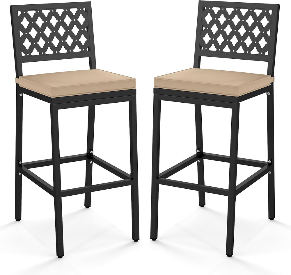 COSTWAY Outdoor Bar Chairs Set of 2 with Heavy-Duty Metal Frame and Cushion