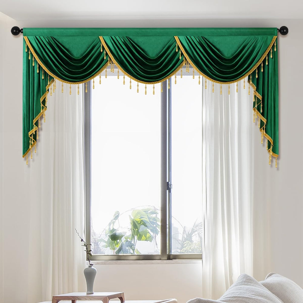 ELKCA Luxury Dark Green Velvet Curtain Valances for Living Room with Beads(98...
