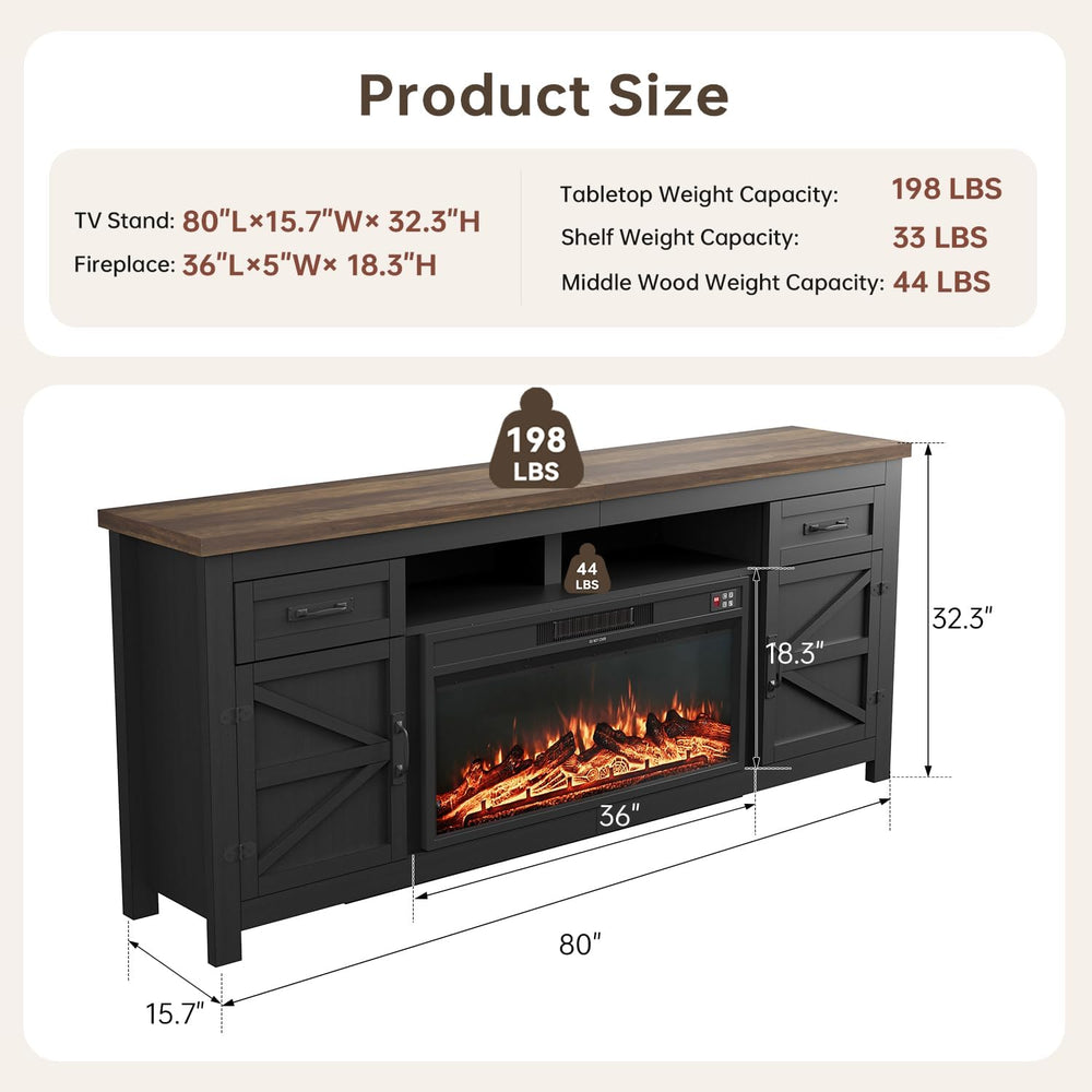 Fireplace TV Stand with Barn Door, 80 inch,Modern Black