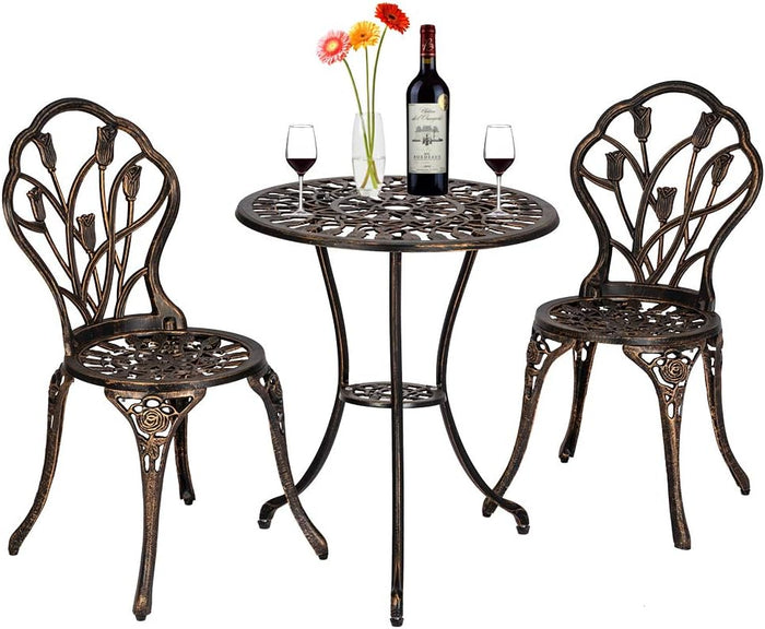 VINGLI 3 PCS Outdoor Bistro Set, Outdoor Patio Set, All-Weather Cast Aluminum Bistro Table Set, Bistro Table and Chairs Set of 2 for Backyard, Garden, Balcony (Bronze, Tulip)