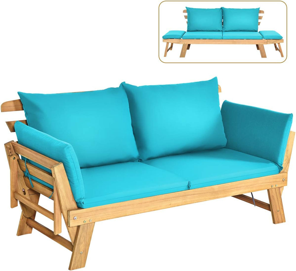 Tangkula Convertible Acacia Wood Patio Couch Sofa Bed with Adjustable Armrest...