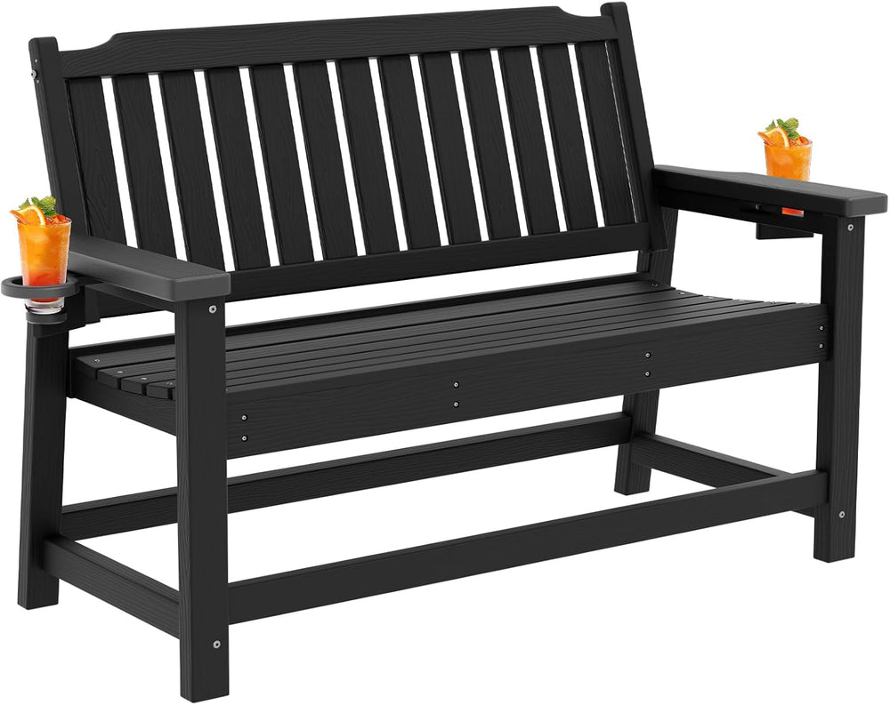 HDPE Outdoor Bench with Cup Holder All-Weather Fade Resistant Porch Bench