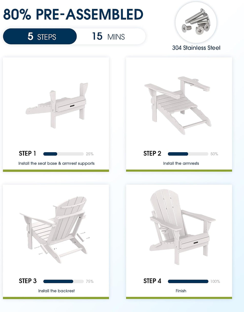 MUCHENGHY Folding Adirondack Chairs Set 2, HDPE for Fire Pit, White (Set of 2)