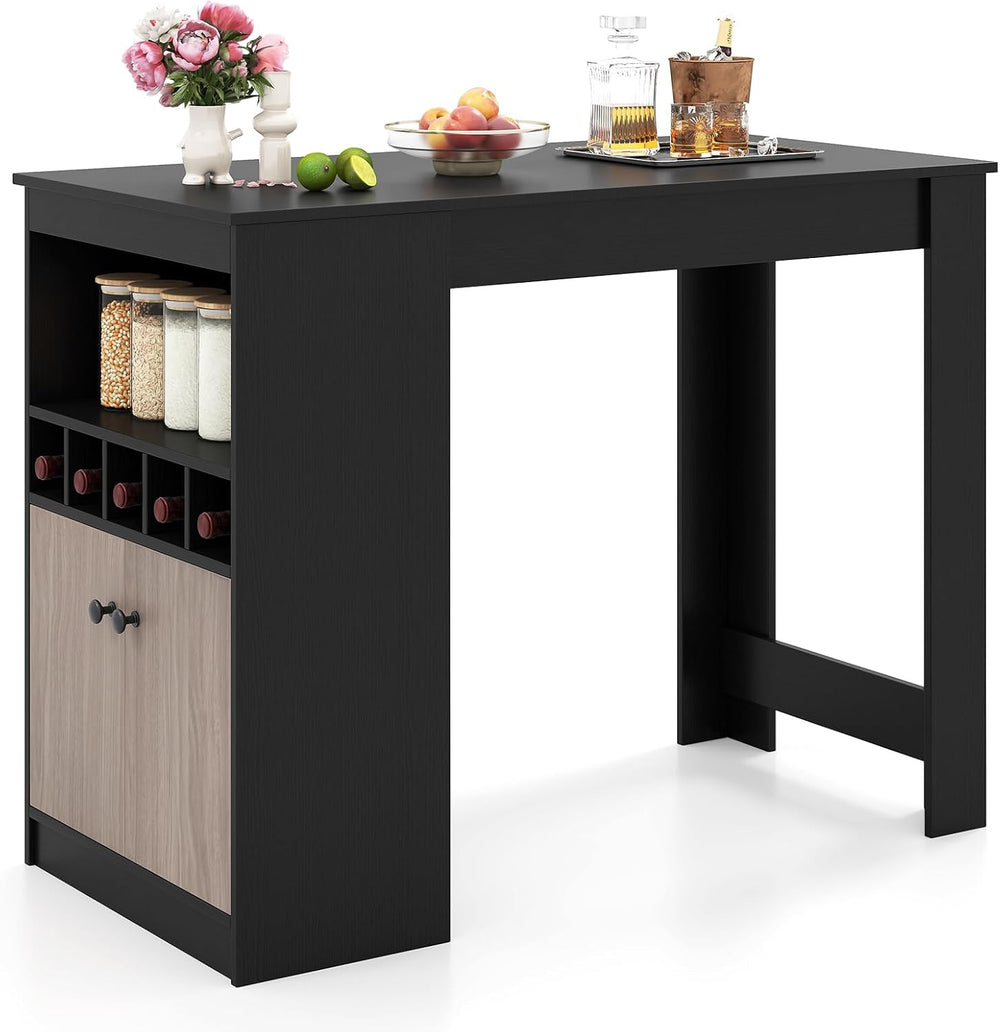 COSTWAY 48" Bar Table with Storage Cabinet & Wine Rack, Home Dining ...