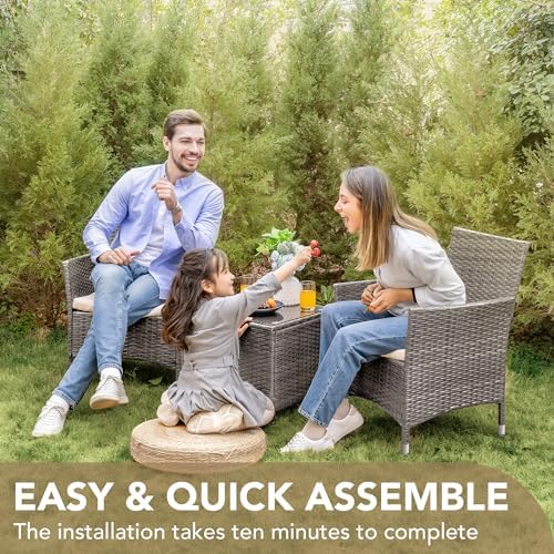 Devoko 3 Piece Patio Furniture Set Outdoor Wicker Conversation (Pale Grey)