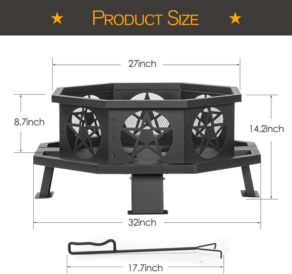 Verdeluxe 32 Inch Outdoor Octagonal Fire Pit with Fire Poker Black