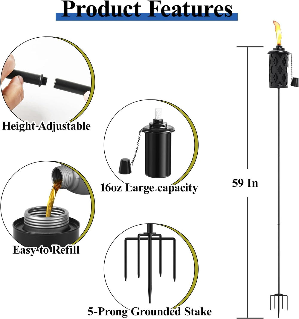 4 Pack Citronella Torches for Outside, 16 Oz Outdoor Garden Torch with 5-Pron...