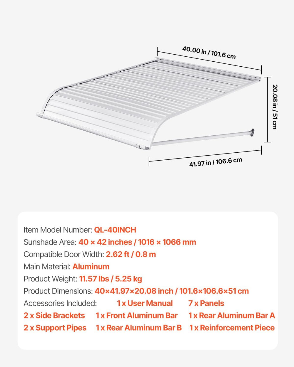 VEVOR Aluminum Awning 40 x 42 in, Durable Window Awning Door Canopy, Lightwei...