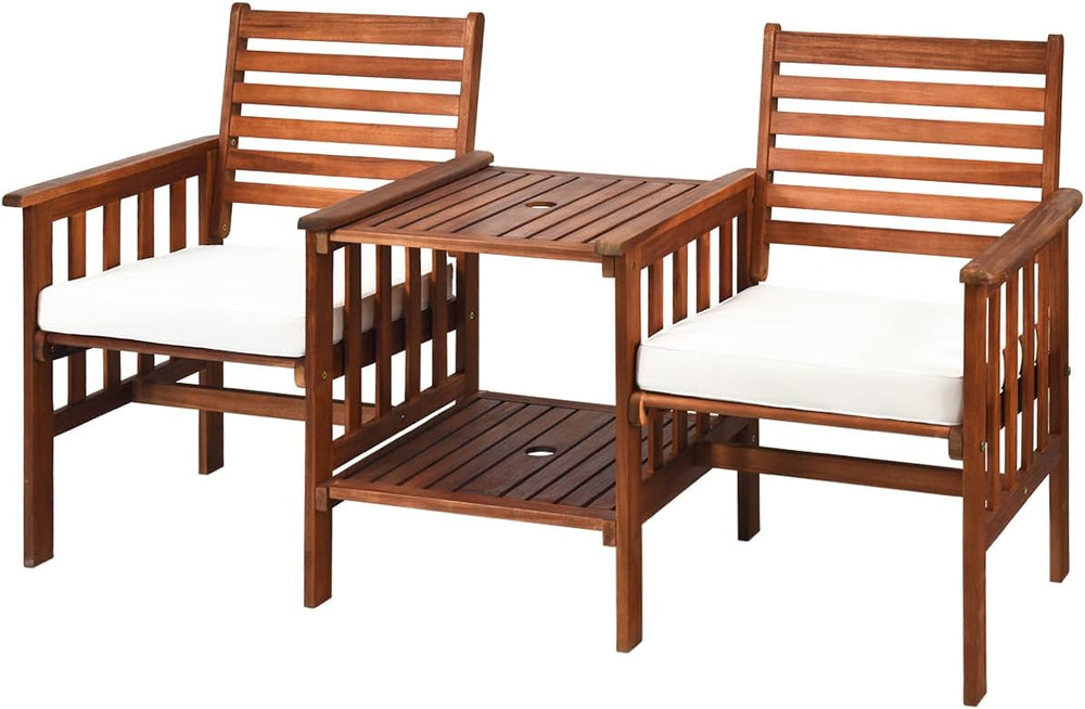 Tangkula Acacia Wood Loveseat, 3pcs Outdoor Table Chairs Set, Patio Conversat...
