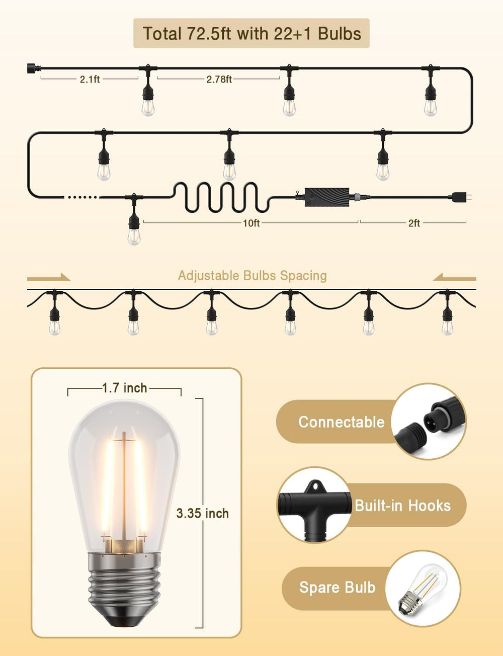 XMCOSY+ Outdoor String Lights,72.5FT Smart Dimmable Edison Bulb Patio Light