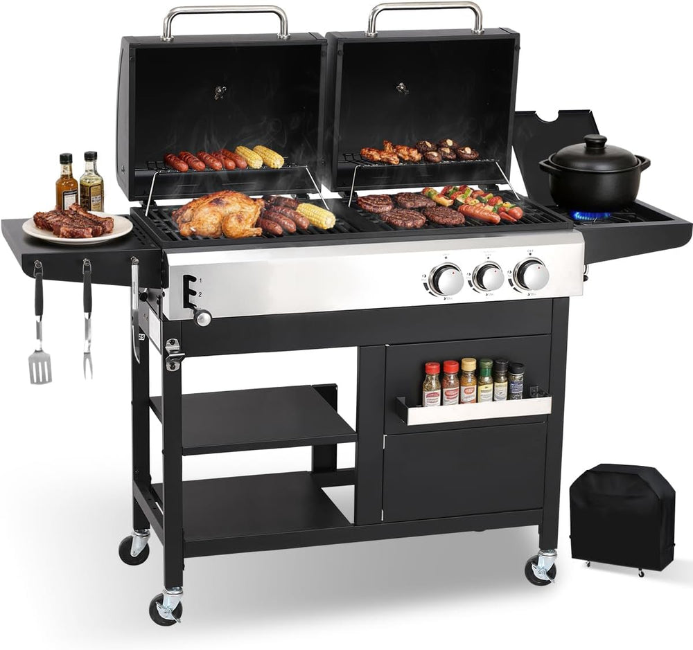 Gas & Charcoal Combo Grill, 2-in-1 Dual Fuel, Side Burner