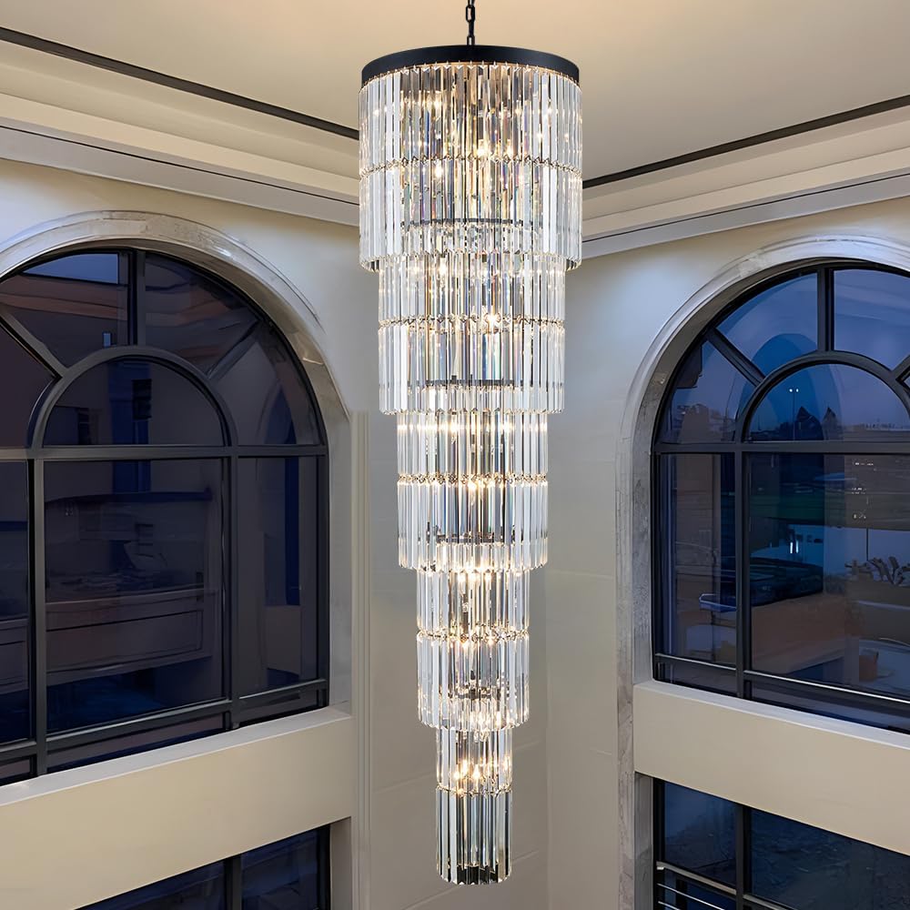 Luxury Modern Long Staircase K9 Chandeliers Black Top Design 10-Tier Large Fo...