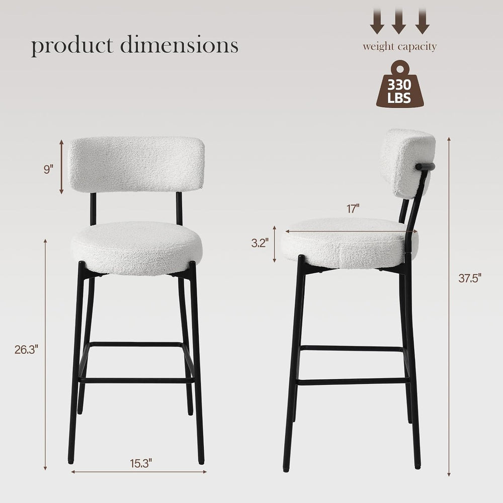 Bar Stools Set of 2, 26" White Boucle Fabric Kitchen Island Chairs