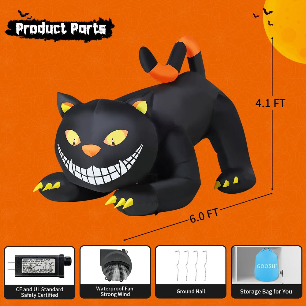 GOOSH 6 FT Halloween Inflatables Outdoor Black Cat with Shakable Head, Blow U...