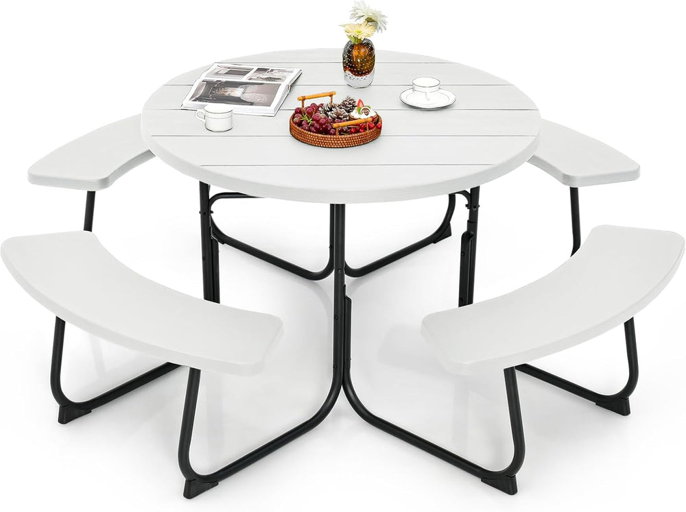 Tangkula 8 Person Picnic Table, Outdoor Round Picnic Table with 4 Built-in Be...