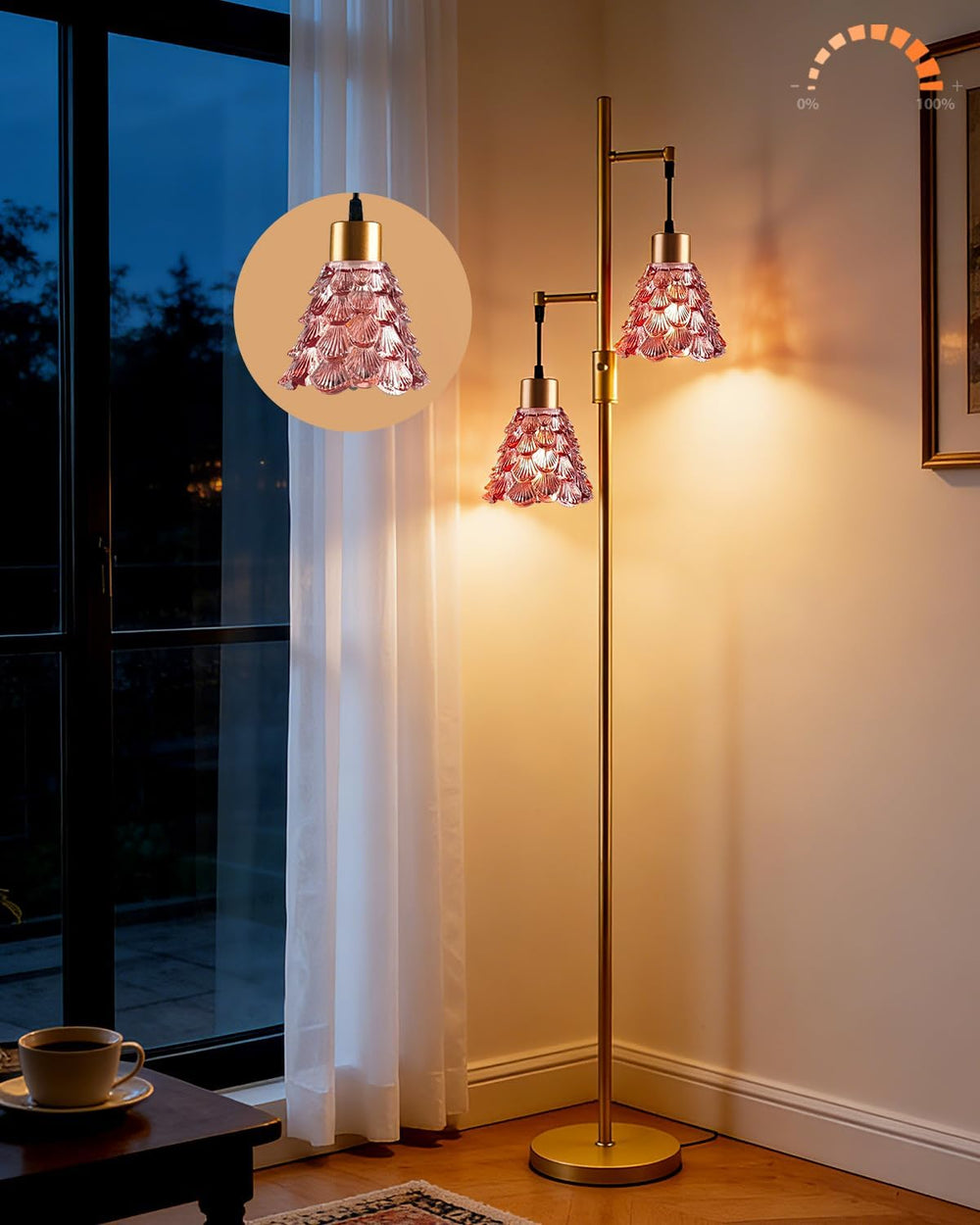 Red Glass Floor Lamp Dimmable 2-Light Modern Gold Tall Floor Lamp