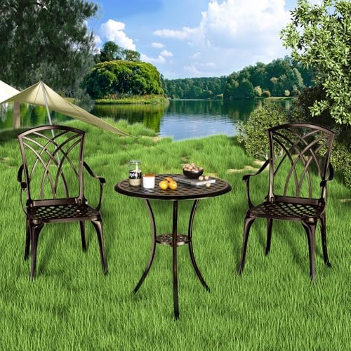 Patio Bistro Set 3 Piece, Cast Aluminum Bistro Set for 2 w/Umbrella Hole, Out...