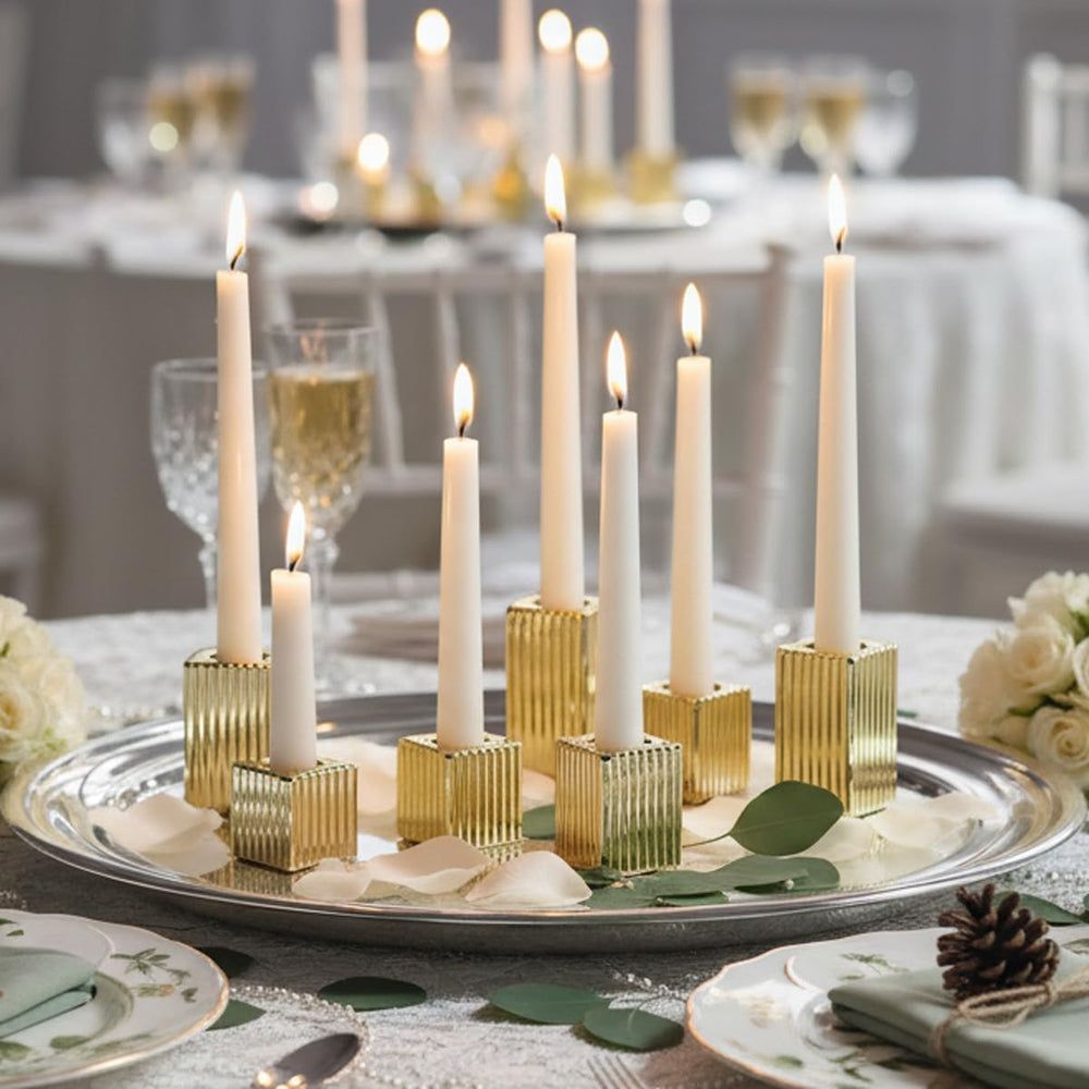 LETINE 12pcs Gold Vertical Stripe Glass Candlestick Holders - Chic Taper Cand...