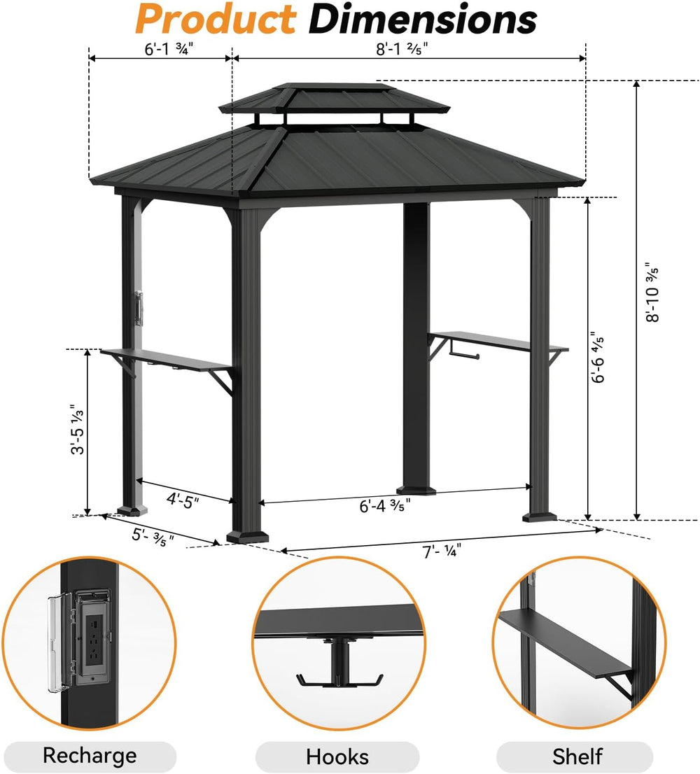 Modern Shade Aluminum Grill Gazebo 6x8 with USB Charging Power Strip, Black