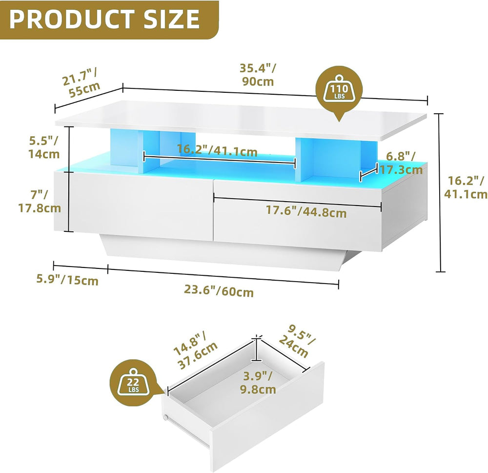 DWVO LED Coffee Table with Storage 4 Drawers, Modern High Glossy Coffee Table...