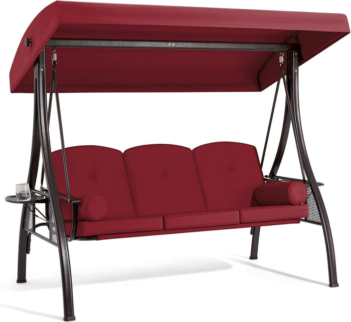 HOMREST 3 Person Porch Swing with Adjustable Canopy, Patio Swing with Stand