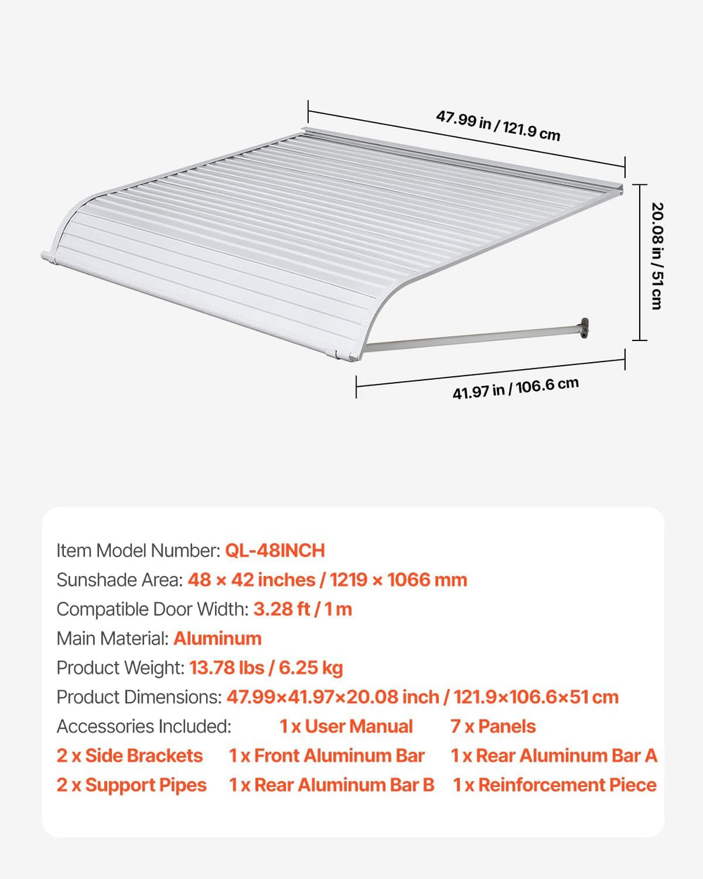 VEVOR Aluminum Awning 48 x 42 in, Durable Window Awning Door Canopy, Lightwei...