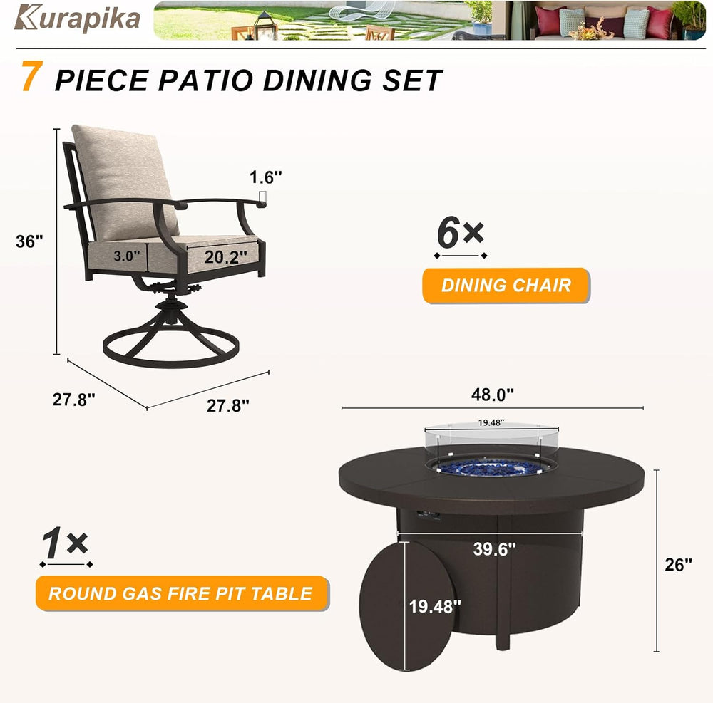 Kurapika 7 Piece Metal Outdoor Patio Furniture Set with Round Fire Pit Table,...