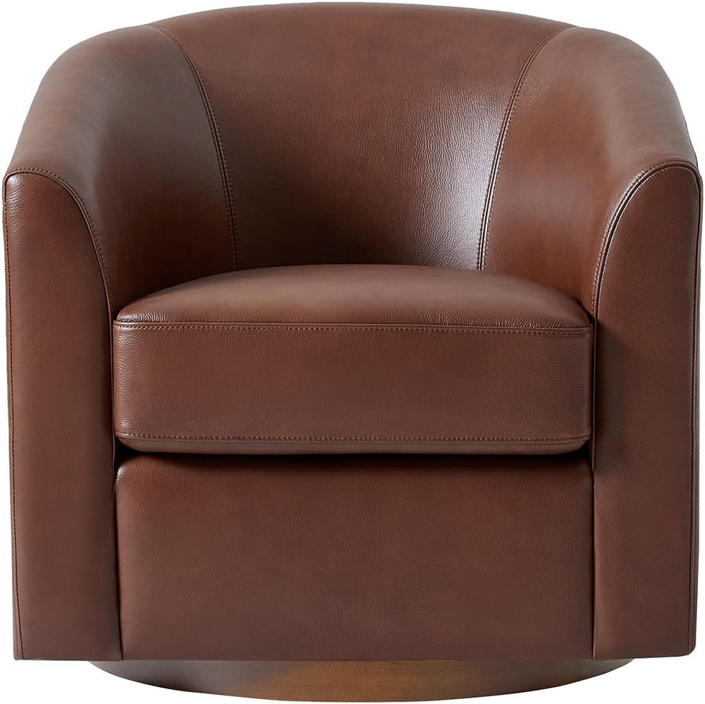 HULALA HOME Genuine Leather Swivel Barrel Chair with Solid Wood Base, Brown
