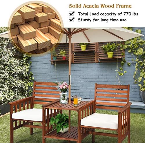 Tangkula Acacia Wood Loveseat, 3pcs Outdoor Table Chairs Set, Patio Conversat...