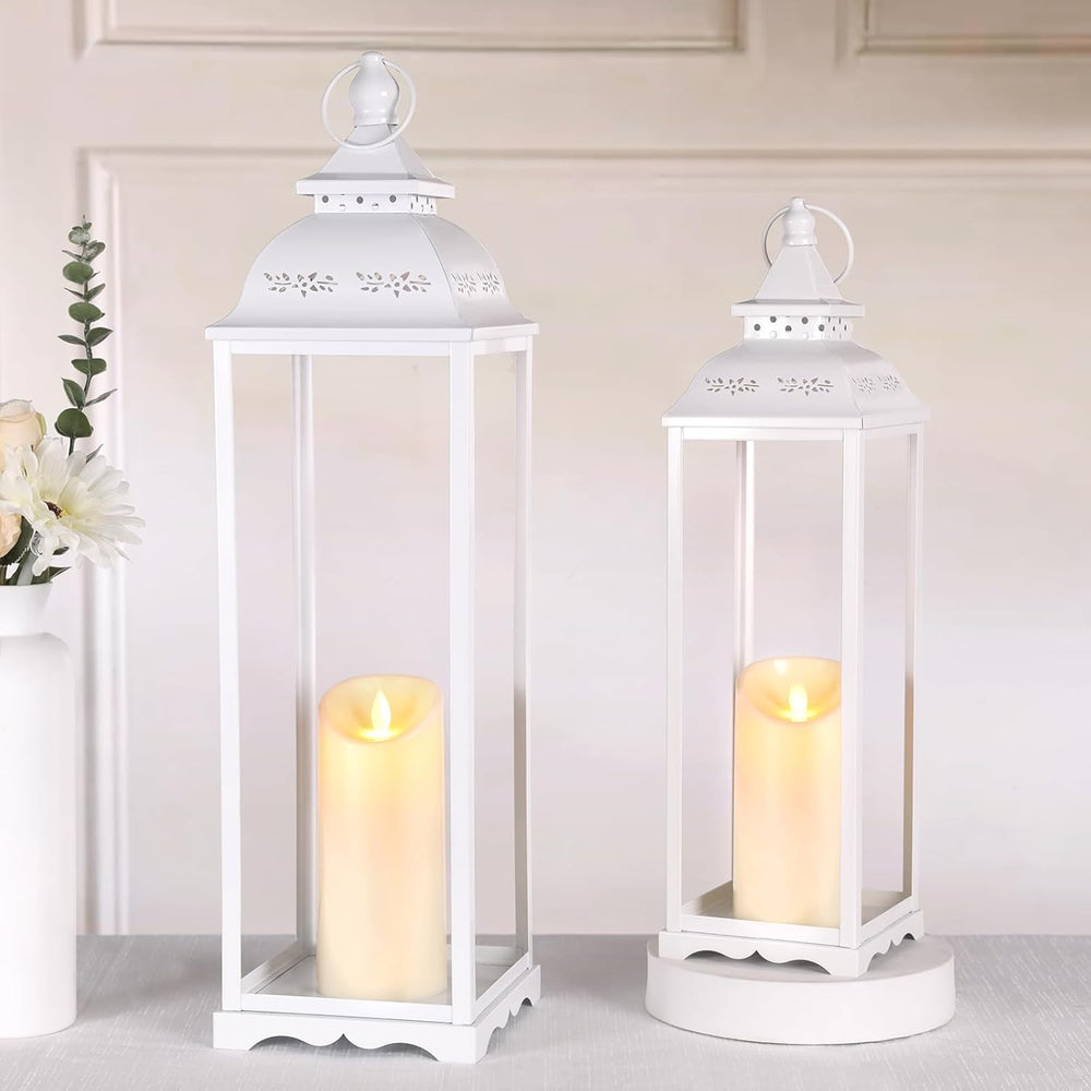 Decorative Candle Lanterns, Large 2Pcs, White Metal for Indoor & Outdoor