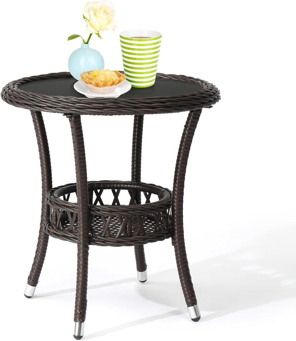VINGLI Outdoor Wicker Side Table, Patio Side Tables for Outside Tempered Glas...