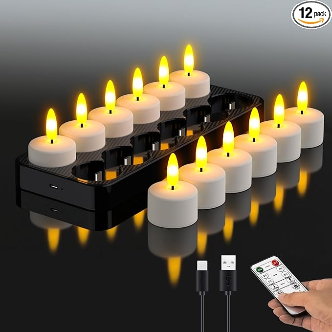 HL Rechargeable LED Tea Lights with USB Charging Base & Remote Timer - Ba...